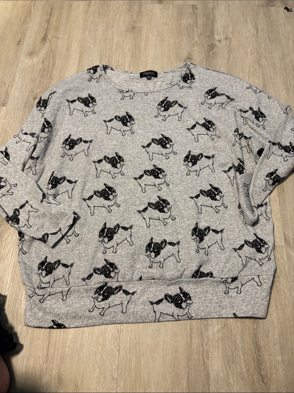 Papillon Blanc Gray Crewneck Sweater with Black French Bulldog Motif
